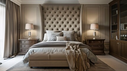 Elegant Modern Bedroom Interior with Tufted Headboard and Stylish Decor