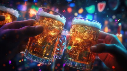Two hands clinking glasses of beer in a festive atmosphere filled with colorful lights.