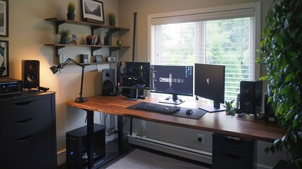 Modern Home Office Workspace with Wooden Desk and Two Monitors