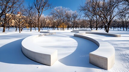 Circular concrete benches, snow-dusted minimalist park, bare winter trees, peaceful scene