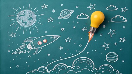 Whimsical Space Themed Illustration A Vibrant Journey of Imagination with Rockets, Planets, and Cosmic Wonders on a Chalkboard Canvas V3