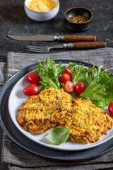 pumpkin carrot potato patties on plate, top view