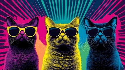 Fototapeta premium Playful cats with glasses, neon-hued pop art, vibrant geometric patterns, vivid and energetic scene
