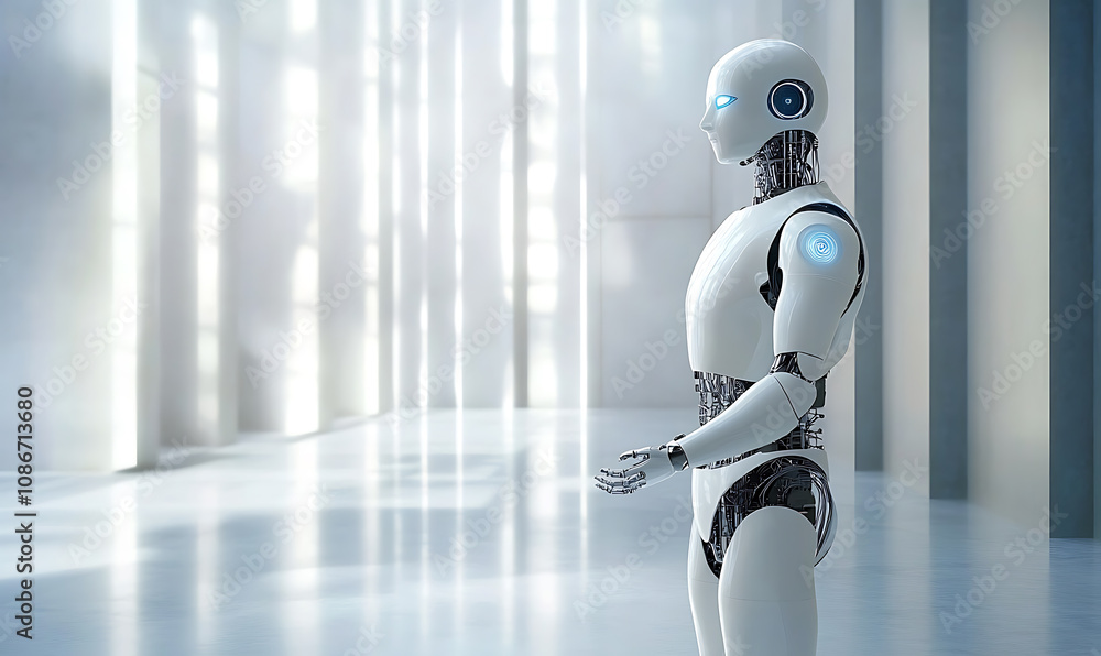 Poster white artificial intelligence humanoid robot stands in futuristic setting technology background copy
