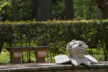 Garden with stone angel sculpture and bench