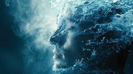 Surreal artistic portrait of a face emerging through dynamic water textures, blending humanity and nature in a fluid motion