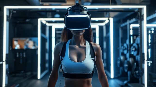 A futuristic gym with virtual reality workout programs and augmented reality personal trainers