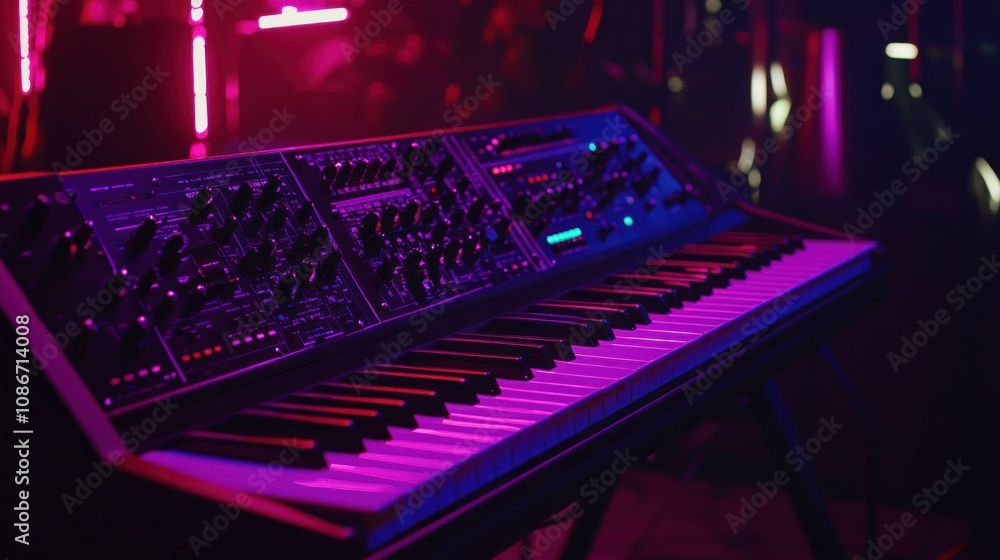 Poster a synthesizer with a keyboard, illuminated by colorful lights, used for music production.