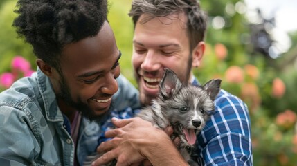 A gay couple adopting a pet from a shelter, sharing joy and excitement