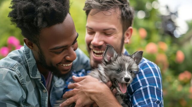 A gay couple adopting a pet from a shelter, sharing joy and excitement