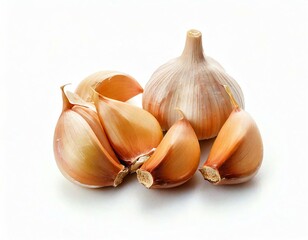 Fresh garlic bulbs arranged artistically on a clean white background.