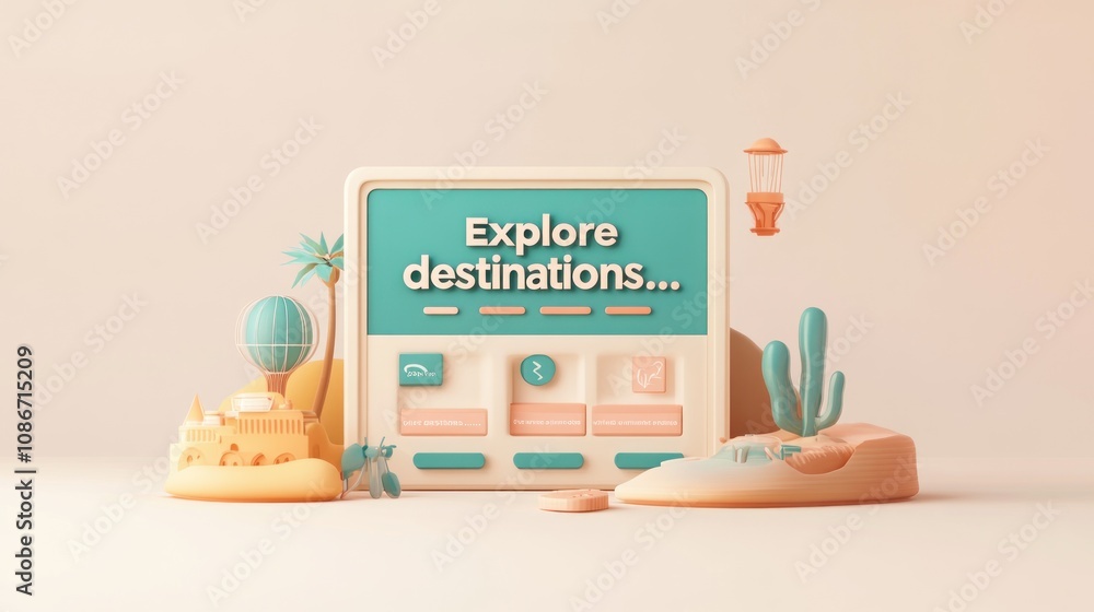 Poster a whimsical digital interface inviting users to explore travel destinations.