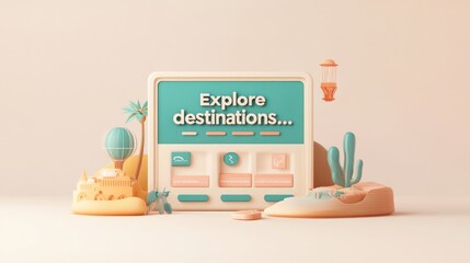 A whimsical digital interface inviting users to explore travel destinations.