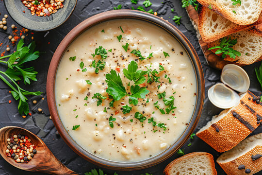 Creamy new england clam chowder soup with parsley and toasted bread