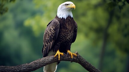 Majestic eagle perched on tree branch natural habitat wildlife photography lush green environment close-up view animal behavior