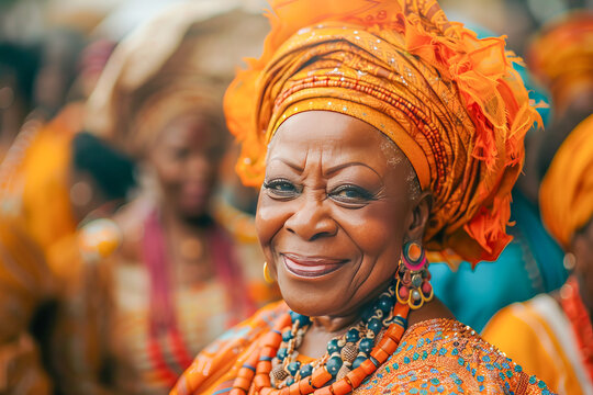 Yoruba woman smiling wearing colorful traditional clothing