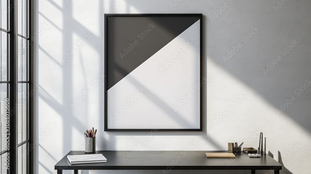 Poster a minimalist workspace featuring a geometric artwork and a sleek desk setup.
