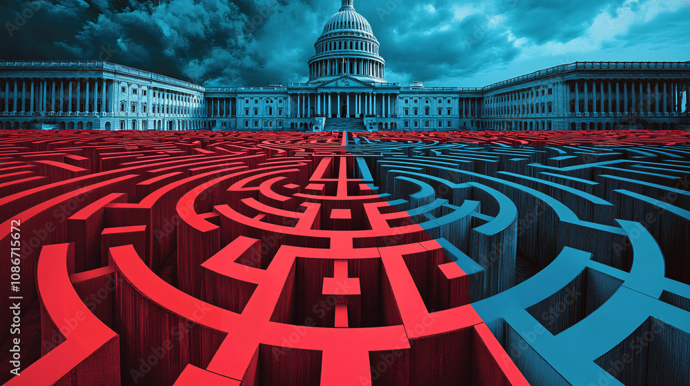Poster red and blue walls of a maze closing in on the u.s. capitol, representing the confusing and endless 