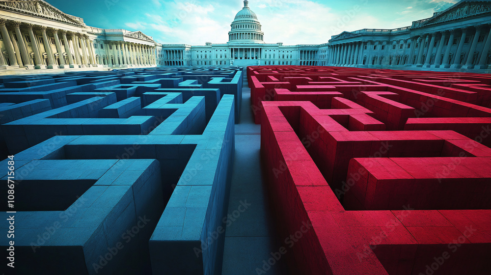 Poster red and blue walls of a maze closing in on the u.s. capitol, representing the confusing and endless 