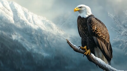 Majestic bald eagle perched on a branch in snowy mountain landscape nature photography capturing wildlife in a serene environment