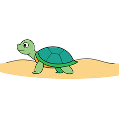 A turtle slowly crossing a sandy beach on a white background.