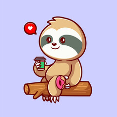 Cute Sloth Holding Coffee And Donut On Tree Cartoon Vector 
Icon Illustration. Animal Food Icon Concept Isolated Premium 
Vector. Flat Cartoon Style 