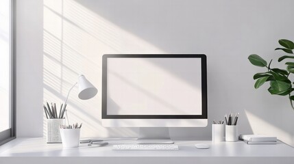 Fototapeta premium Minimalist home office setup bright room digital workspace modern aesthetic natural light productivity focus