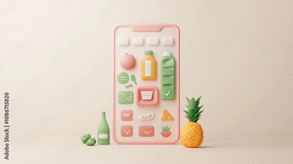 Aufkleber a colorful, 3d representation of a mobile app interface with food and drink icons.