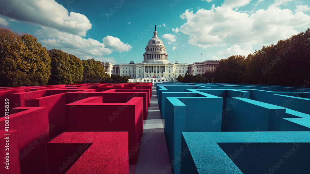 Aufkleber red and blue walls of a maze closing in on the u.s. capitol, representing the confusing and endless 