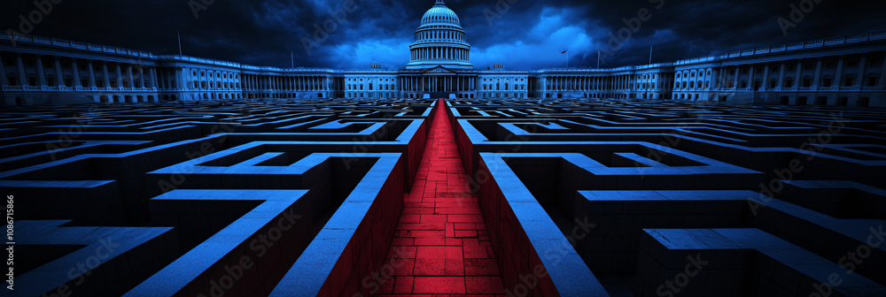 Aufkleber red and blue walls of a maze closing in on the u.s. capitol, representing the confusing and endless 