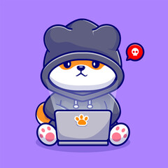 Cute Shiba Inu Dog Hacker Operating Laptop Cartoon Vector 
Icon Illustration. Animal Technology Icon Concept Isolated 
Premium Vector. Flat Cartoon Style