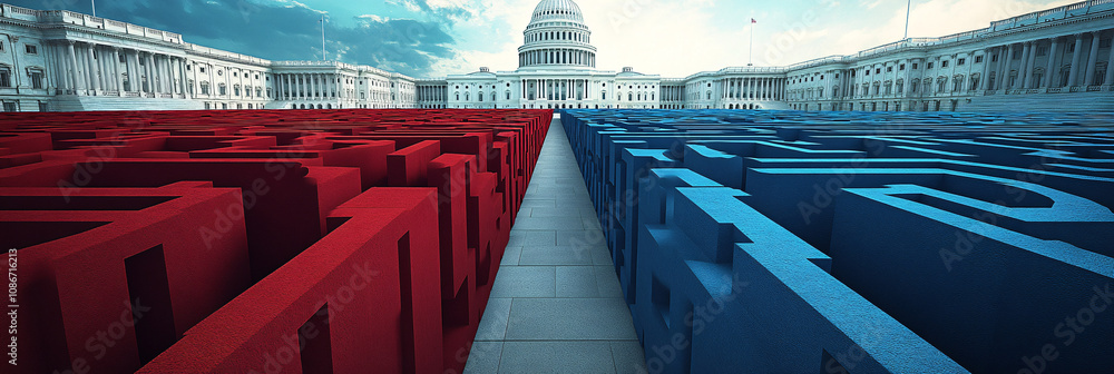 Aufkleber red and blue walls of a maze closing in on the u.s. capitol, representing the confusing and endless 