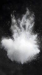 The white powder was exploding in the air, creating an epic visual effect with a black background. The explosion is a spectacular display of light and shadow, showcasing stunning details.