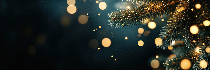 Funkelnder Weihnachtshintergrund mit Tannenzweig im goldenen Bokeh Licht