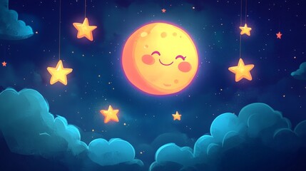 Fototapeta premium Playful moon and stars in a dreamy night sky digital art whimsical environment bright colors cheerful concept