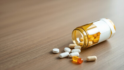 spilled pills and bottle on wooden table