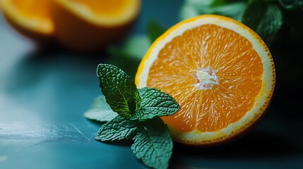 Juicy Orange Slice with Fresh Mint on Teal Background AI Generated