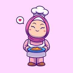 Cute Chef Girl Hijab Cooking Food Cartoon Vector Icon 
Illustration. People Food Icon Concept Isolated Premium 
Vector. Flat Cartoon Style