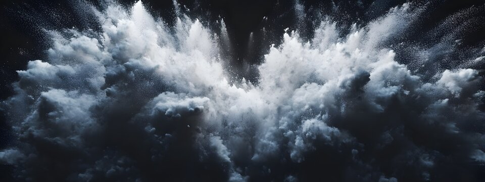 The white powder was exploding in the air, creating an epic visual effect with a black background. The explosion is a spectacular display of light and shadow, showcasing stunning details.