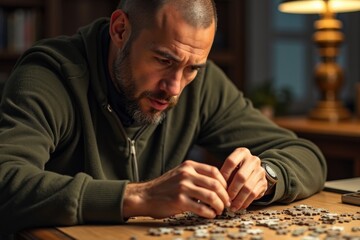 Focused Man Solving Puzzle with Depth of Field Indoors