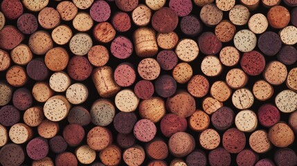 A vibrant collection of wine corks arranged neatly, showcasing various shades of brown and rustic textures.