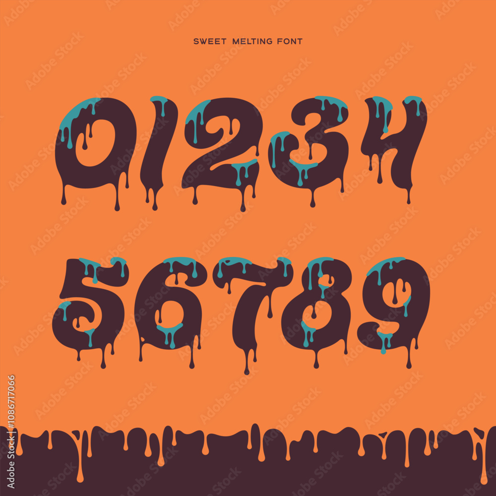 Fototapete vector set of digits with viscous liquid dripping effect. smooth font with melting two colored shape