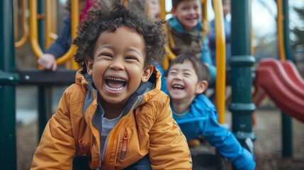 A group of children playing and laughing on a playground, enjoying the freedom and joy of childhood