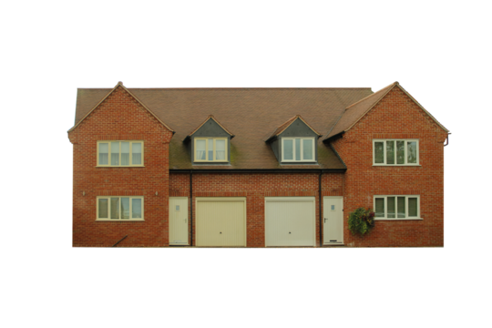 Two-story red brick semi-detached English houses isolated transparent png