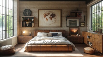 3D industrial-style bedroom with metal furniture, exposed brick, and dark wood accents, rendered in 4K.