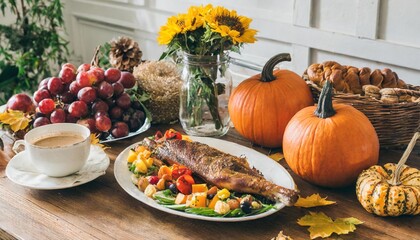Rustic Thanksgiving Food and Drink Display with Nature-Inspired Indoor Decor