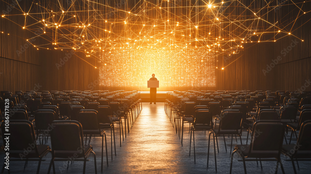 Poster rows of chairs suspended by threads of light in a packed seminar room, with a speaker hovering on a 