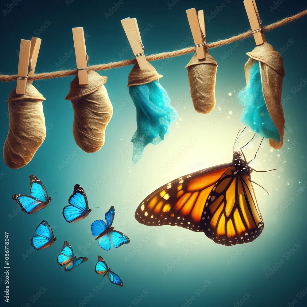 Poster change a butterfly emerging from its cocoon descending towards a