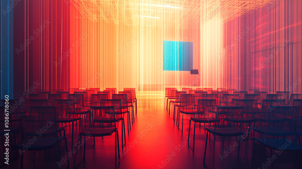 Poster rows of chairs suspended by threads of light in a packed seminar room, with a speaker hovering on a 