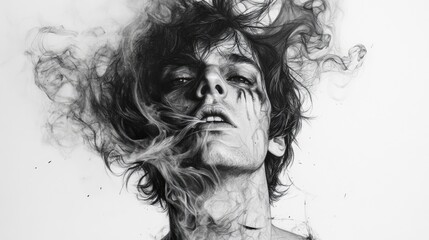 Fototapeta premium Man Emerging from Smoke in a Charcoal Sketch